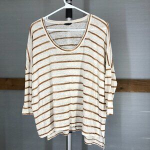 CLUB MONACO 100% Linen Cream Brown Stripe 3/4 Sleeve Oversize Shirt Sz M/L